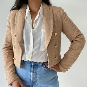House of Harlow 1960 Cropped Tan Camel Tweed Double Breasted Blazer